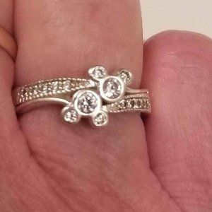 Silver and crystal double Mickey ring Size 6